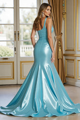 Blaues Satin Meerjungfrauen Ballkleid mit Schlitz